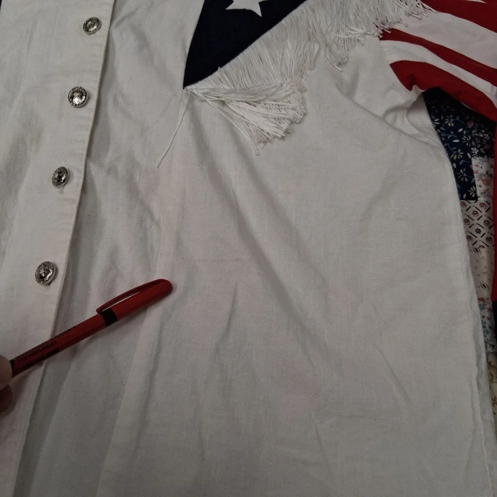 Vintage Panhandle Slim Shirt Women Large Flag‎ Fringe Patriotic Western Festival